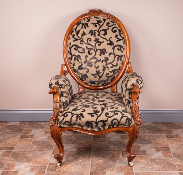 Pair Of Carved Walnut Upholstered Chairs, Ladies and Gents