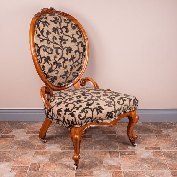 Pair Of Carved Walnut Upholstered Chairs, Ladies and Gents