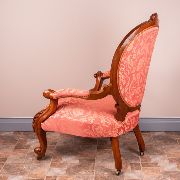 Walnut Grandfather Chair With Salmon Fabric