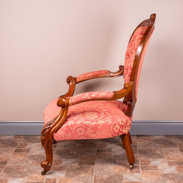 Walnut Grandfather Chair With Salmon Fabric