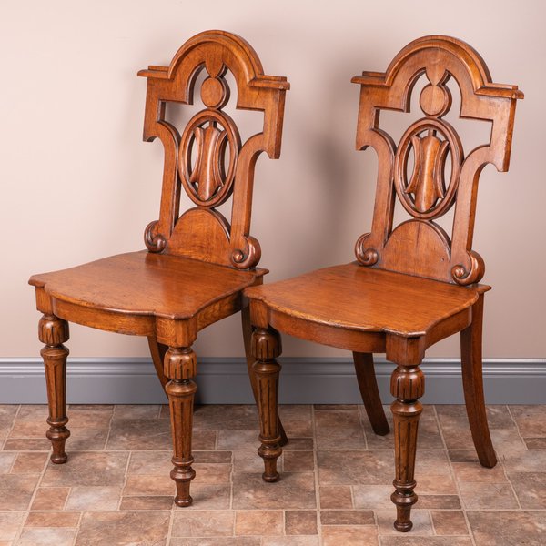 Pair Of Victorian Oak Hall Chairs