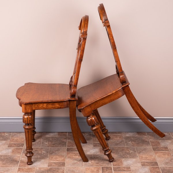Pair Of Victorian Oak Hall Chairs