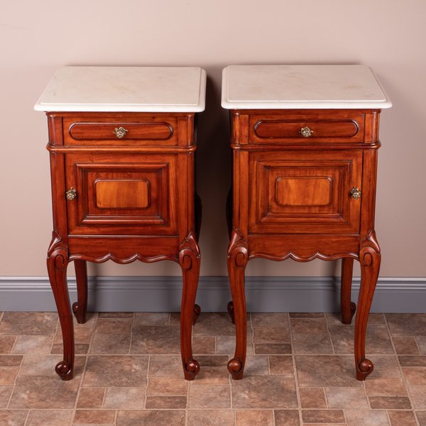 Pair Of French Mahogany Bedside Cabinets With Marble Tops