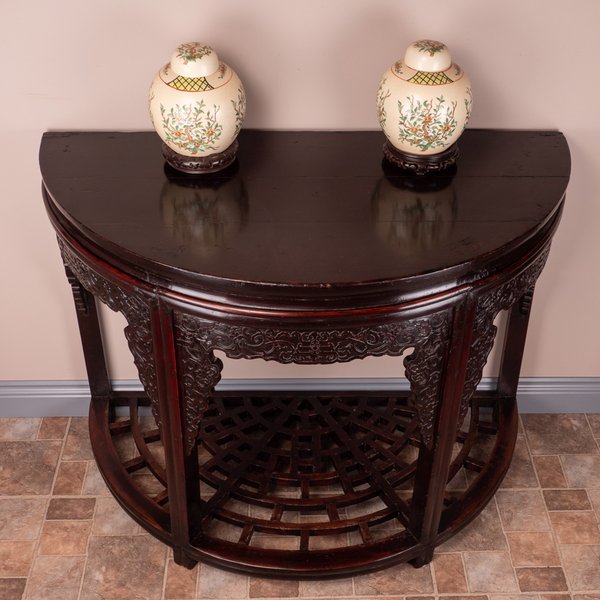 Pair Of Chinese Demi Lune Carved Tables
