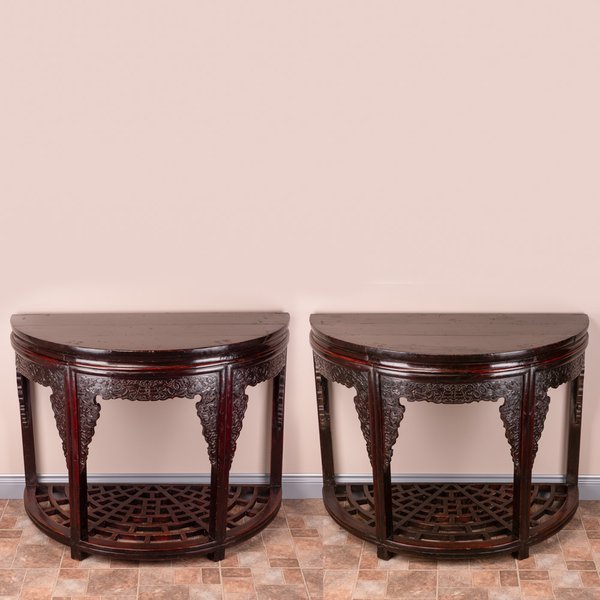 Pair Of Chinese Demi Lune Carved Tables