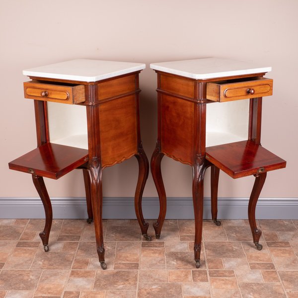 Pair Of French Mahogany Bedside Cabinets With Marble Tops