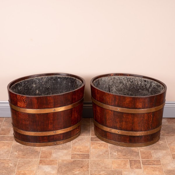 Pair Of Large Oval Oak Brass Bound Log Buckets