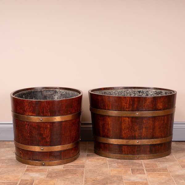 Pair Of Large Oval Oak Brass Bound Log Buckets
