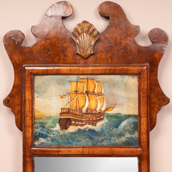 Walnut Mirror With A Nautical Painted Panel