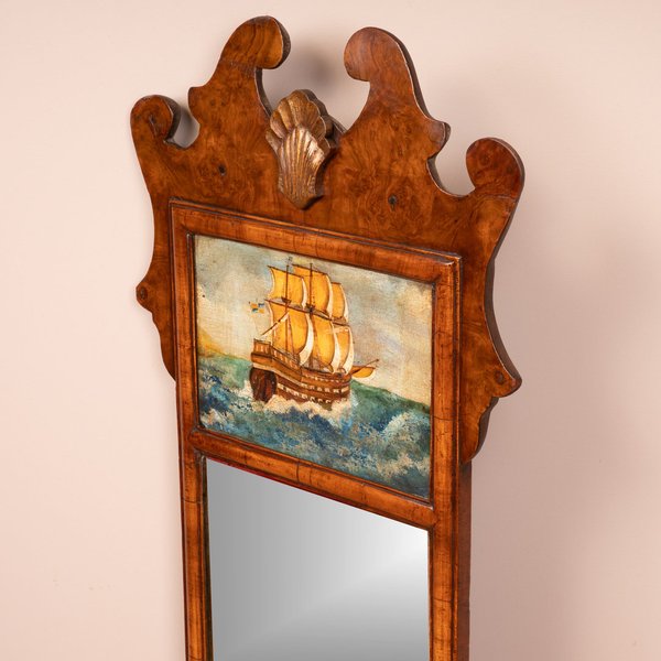 Walnut Mirror With A Nautical Painted Panel