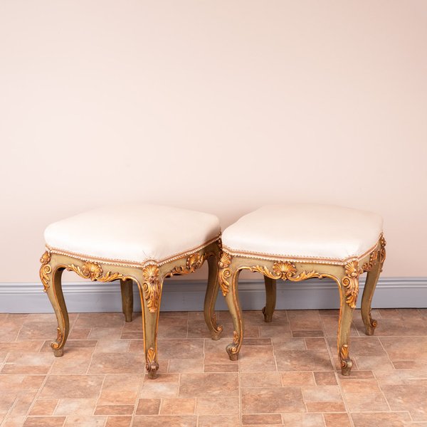 Decorative Pair Of Painted And Gilded Continental 19thC Stools