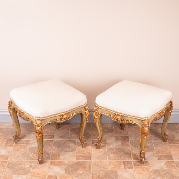 Decorative Pair Of Painted And Gilded Continental 19thC Stools