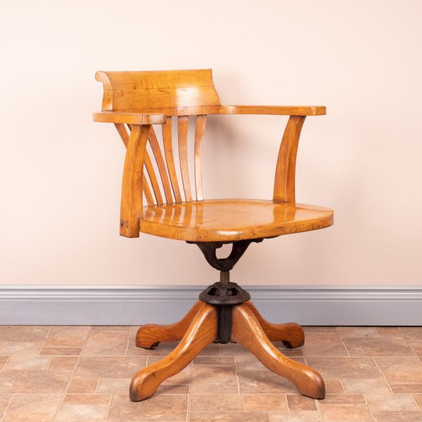 Oak Revolving Office Desk Chair With Wooden Seat