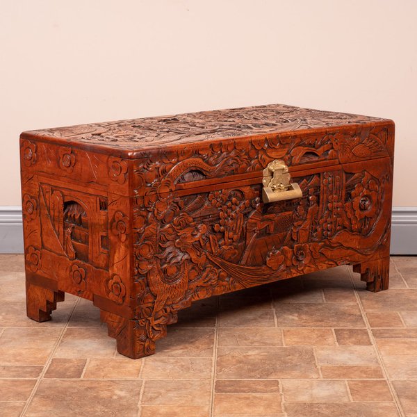 Profusely Carved Oriental Camphorwood Lined Trunk