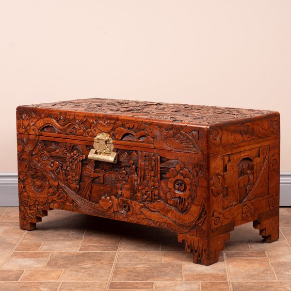Profusely Carved Oriental Camphorwood Lined Trunk