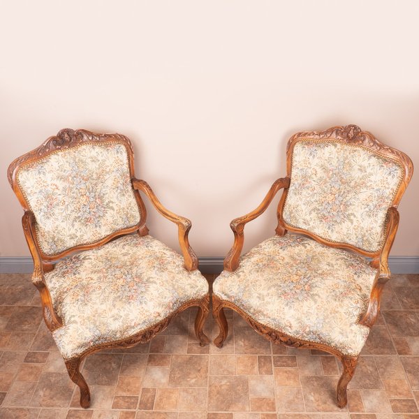 19thC Pair of French Walnut Fauteuils/Armchairs