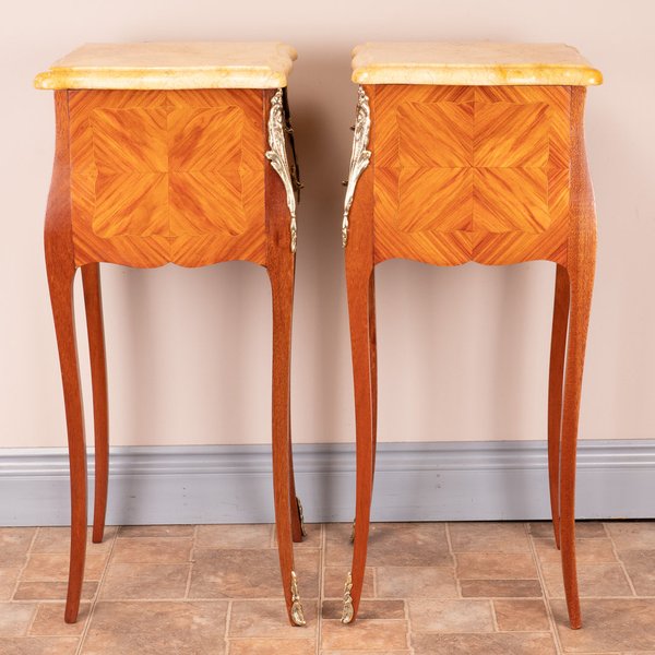 Pair Of French Inlaid Marble Topped Bedside Chests
