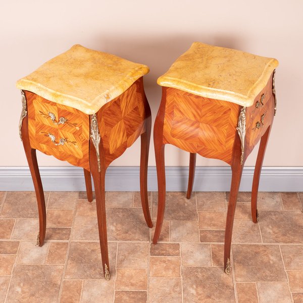 Pair Of French Inlaid Marble Topped Bedside Chests